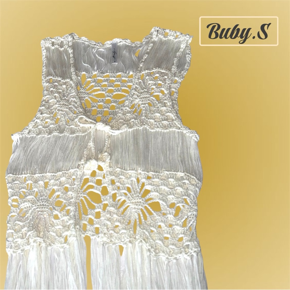 🛍️SALE🛍️ Buby.S ITALY Ecru Crochet Boho Beach Cover Up / Tunic Top Tasseled - Picture 3 of 6